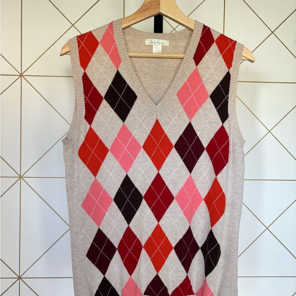 Lady Hagen Beige Argyle Sweater Vest with Pink & Red Diamonds